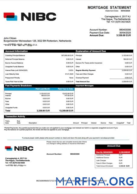 Blank Netherlands NIBC Bank mortgage statement Word and PDF template